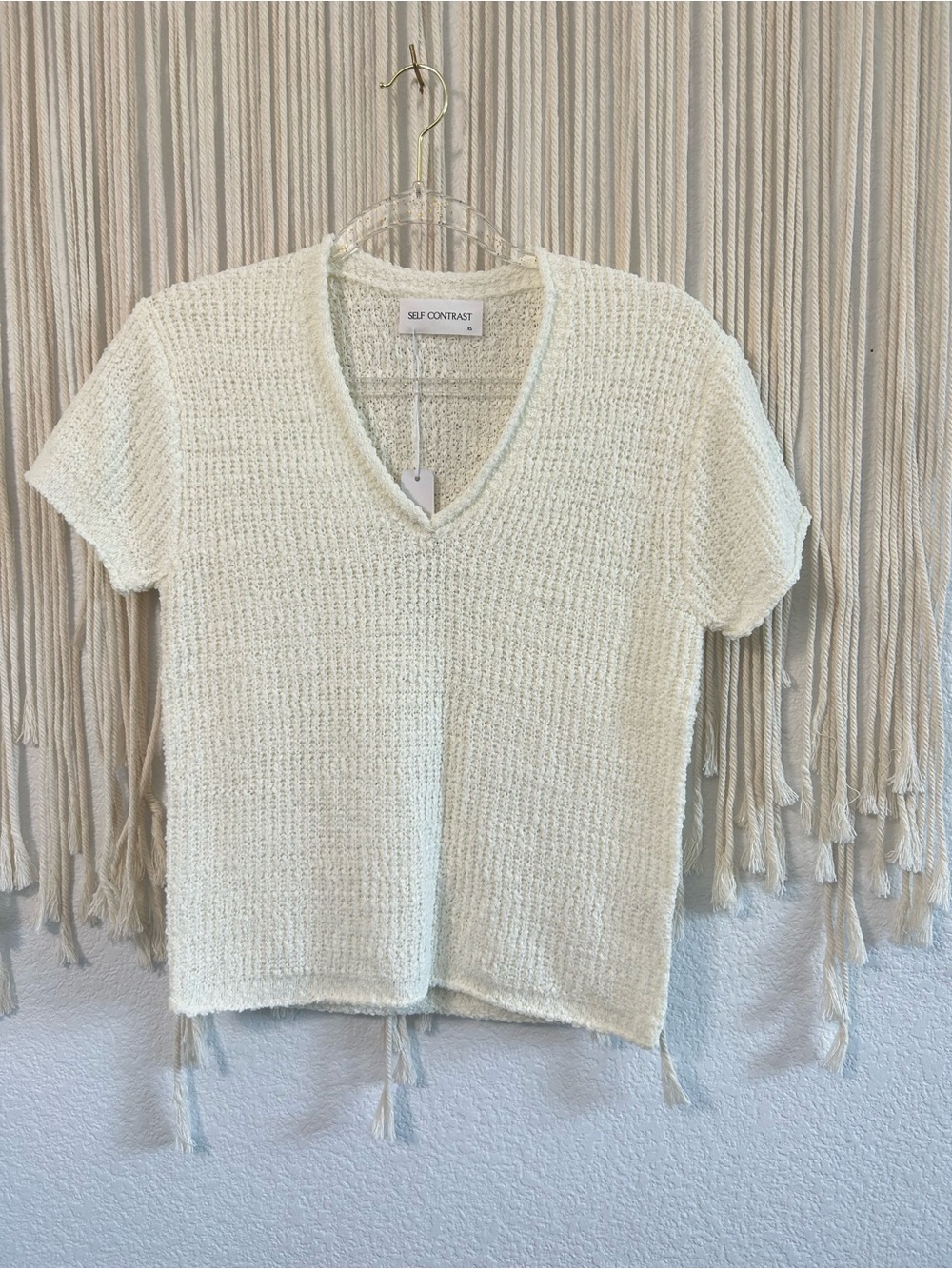 Self Contrast Ivory Textured Knit V-Neck Short Sleeve Sweater Top Lightweight XS - Picture 2 of 9